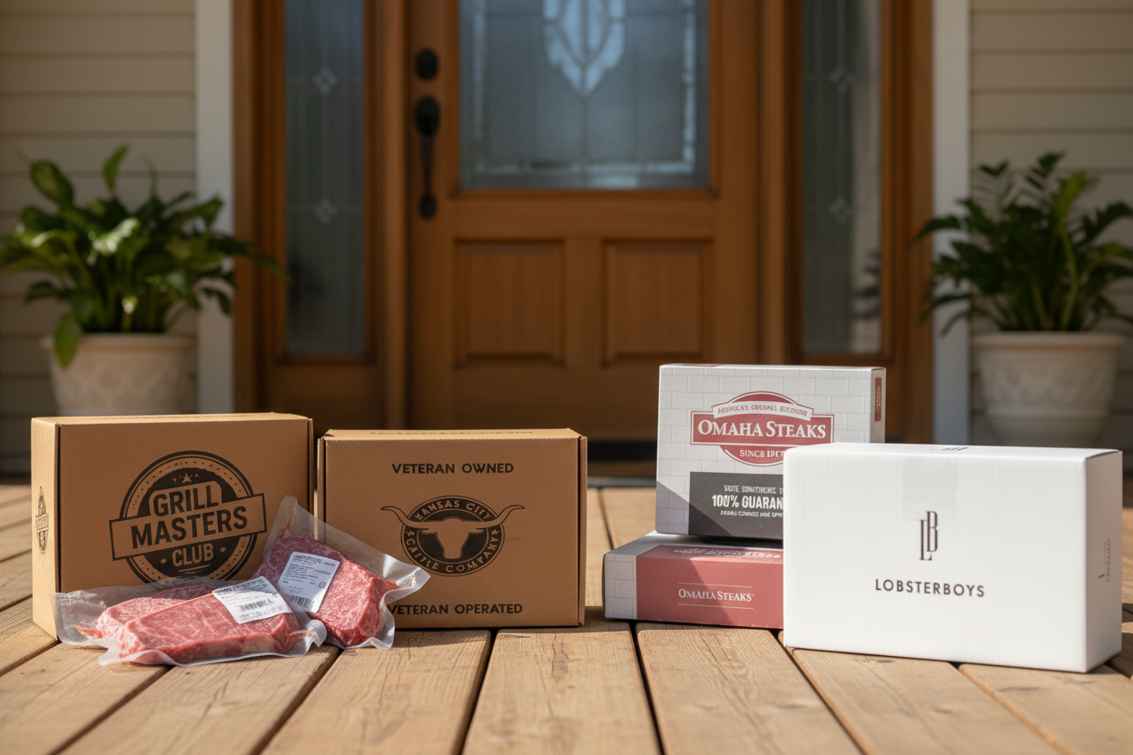 Four premium meat and grill subscription service boxes on a front porch — Omaha Steaks, Grill Masters Club, Lobsterboys, and KC Cattle Company