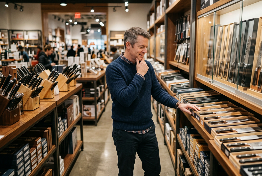 Shopper considering kitchen knife sets in a kitchenware store aisle