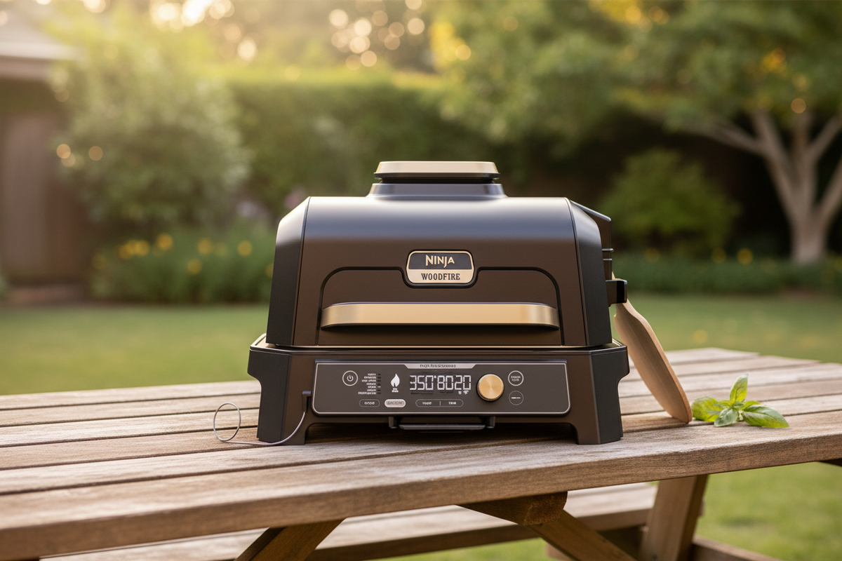 Ninja Woodfire oven on wood picnic table