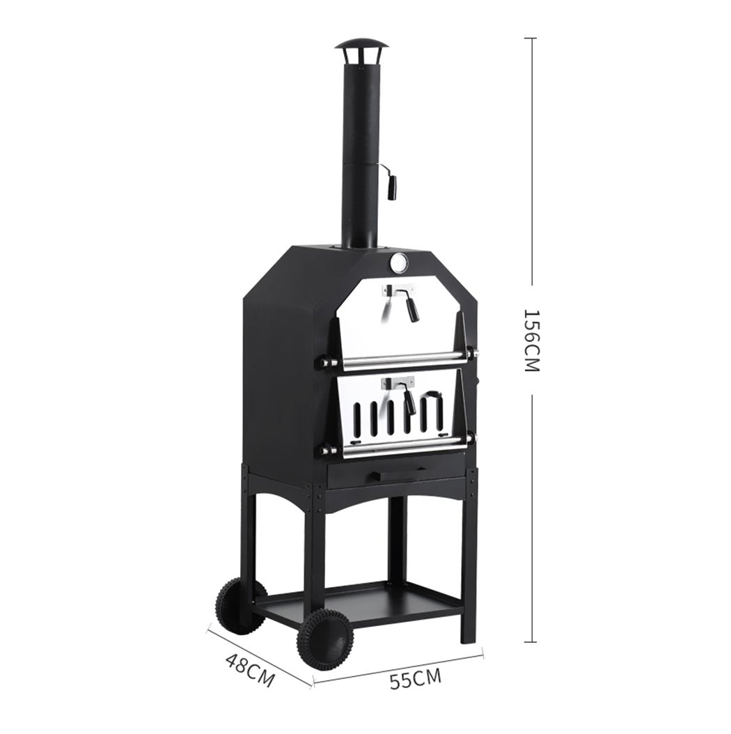 3-in-1 Charcoal BBQ Grill Steel Pizza Oven Smoker Outdoor Portable