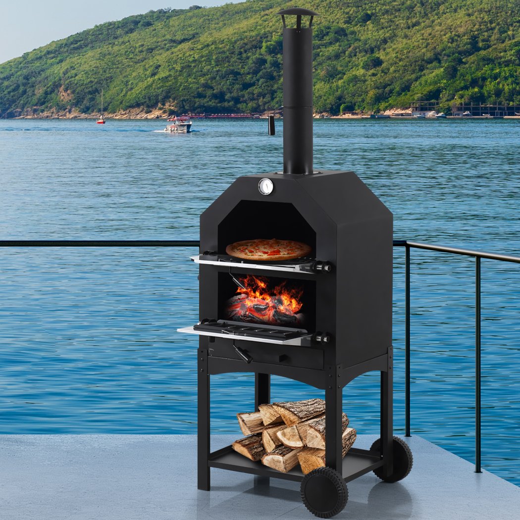 3-in-1 Charcoal BBQ Grill Steel Pizza Oven Smoker Outdoor Portable