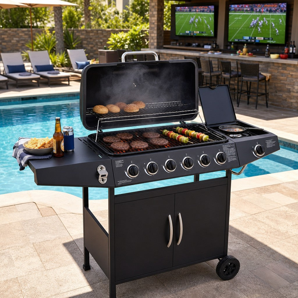 6 Burner BBQ Propane Gas Grill With Side Burner 59000 BTU Output