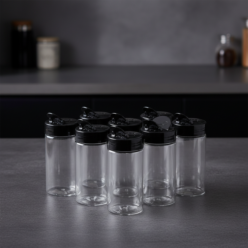 6, 9, 12, or 15 Clear Plastic Spice Jars with Shaker Lids for rubs/spice/seasoning