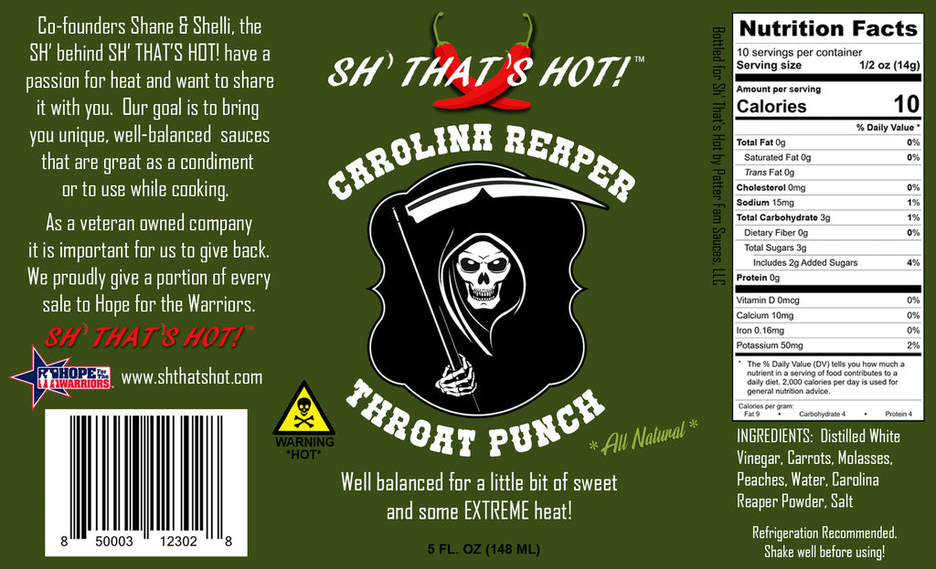 "Sh that's hot!" grilling/BBQ hot sauce - "Carolina Reaper Throat Punch" 5oz Jar- Hot