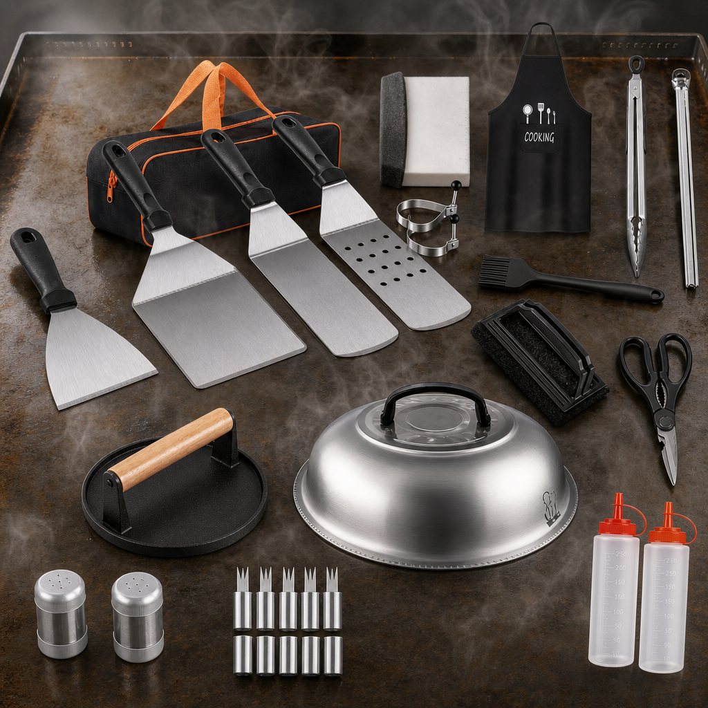 31Pcs Griddle Accessories Kit Flat Top Grill Accessories For Camp Chef with Spatulas Griddle Press Basting Cover Spice Shakers Vegetable Forks Steel Sticks Egg Rings Storage Bag GPCT5398
