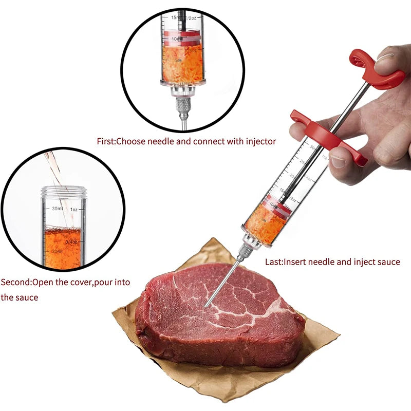 Meat Injector Syringe – Stainless Steel with Marinade Needles for BBQ