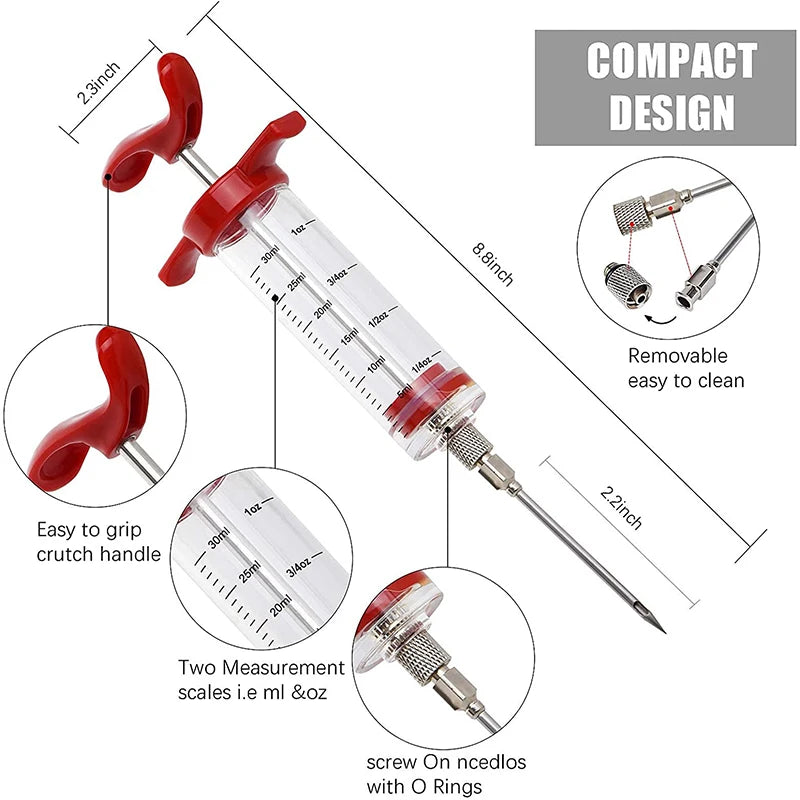Meat Injector Syringe – Stainless Steel with Marinade Needles for BBQ