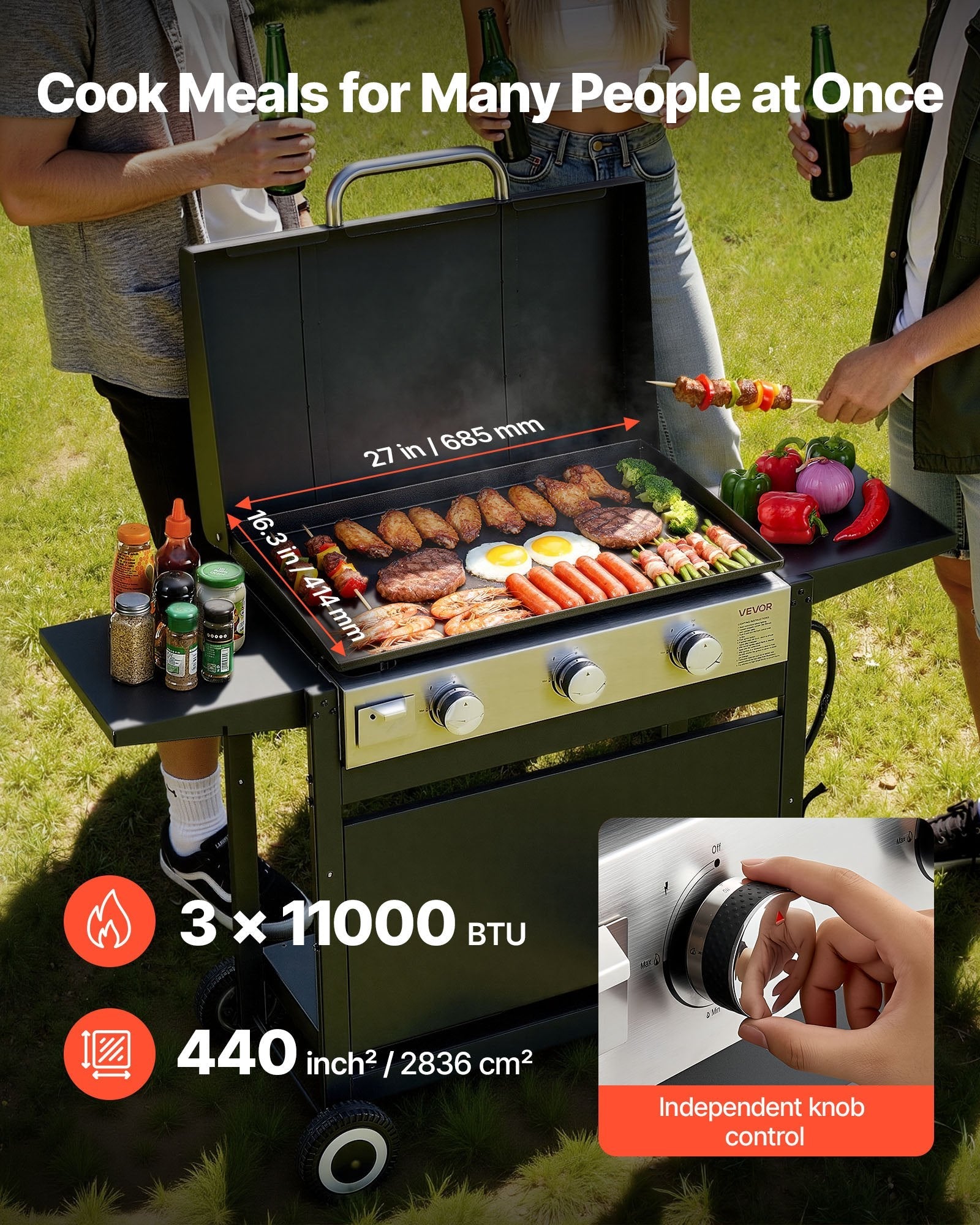 3-Burner Flat Top Grill- 33,000 BTU's - Propane Griddle With Wheels