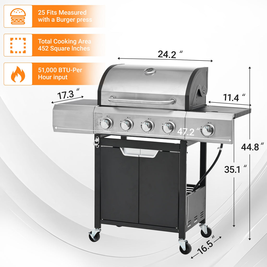4 Burner Gas Grill Stainless Steel Propane 51,000 BTU