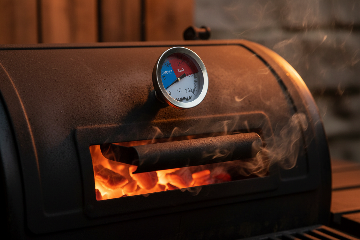 BBQ Thermometer in Use on Smoker