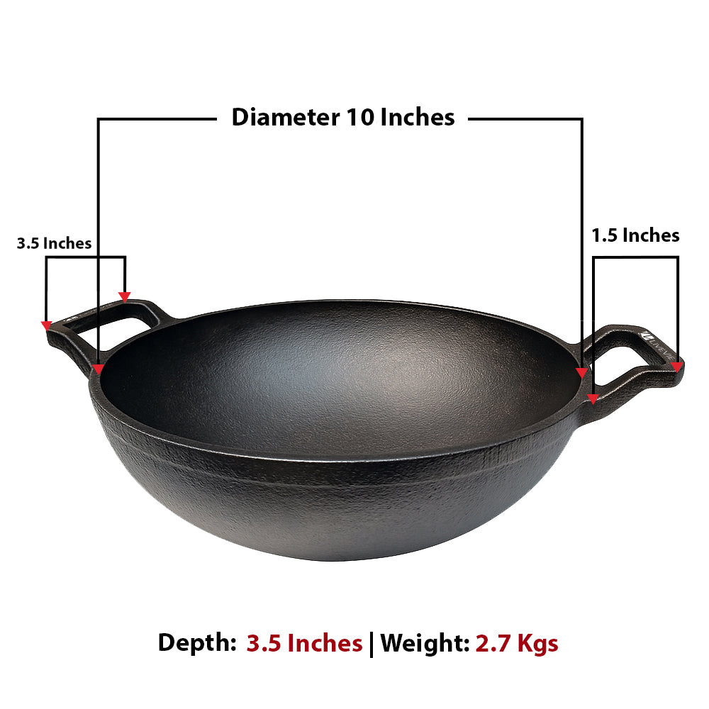 Cast Iron Kadai Wok - Dual Handles- Heavy-Duty