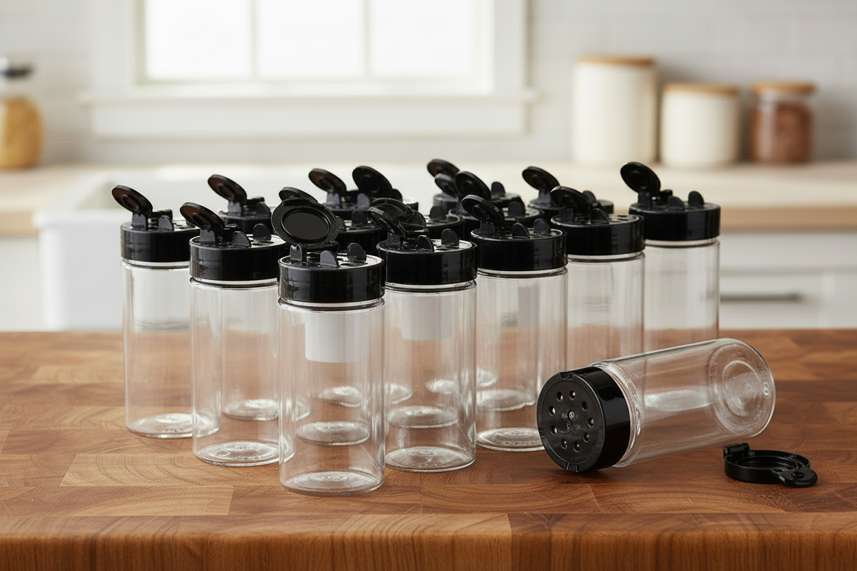 6, 9, 12, or 15 Clear Plastic Spice Jars with Shaker Lids for rubs/spice/seasoning