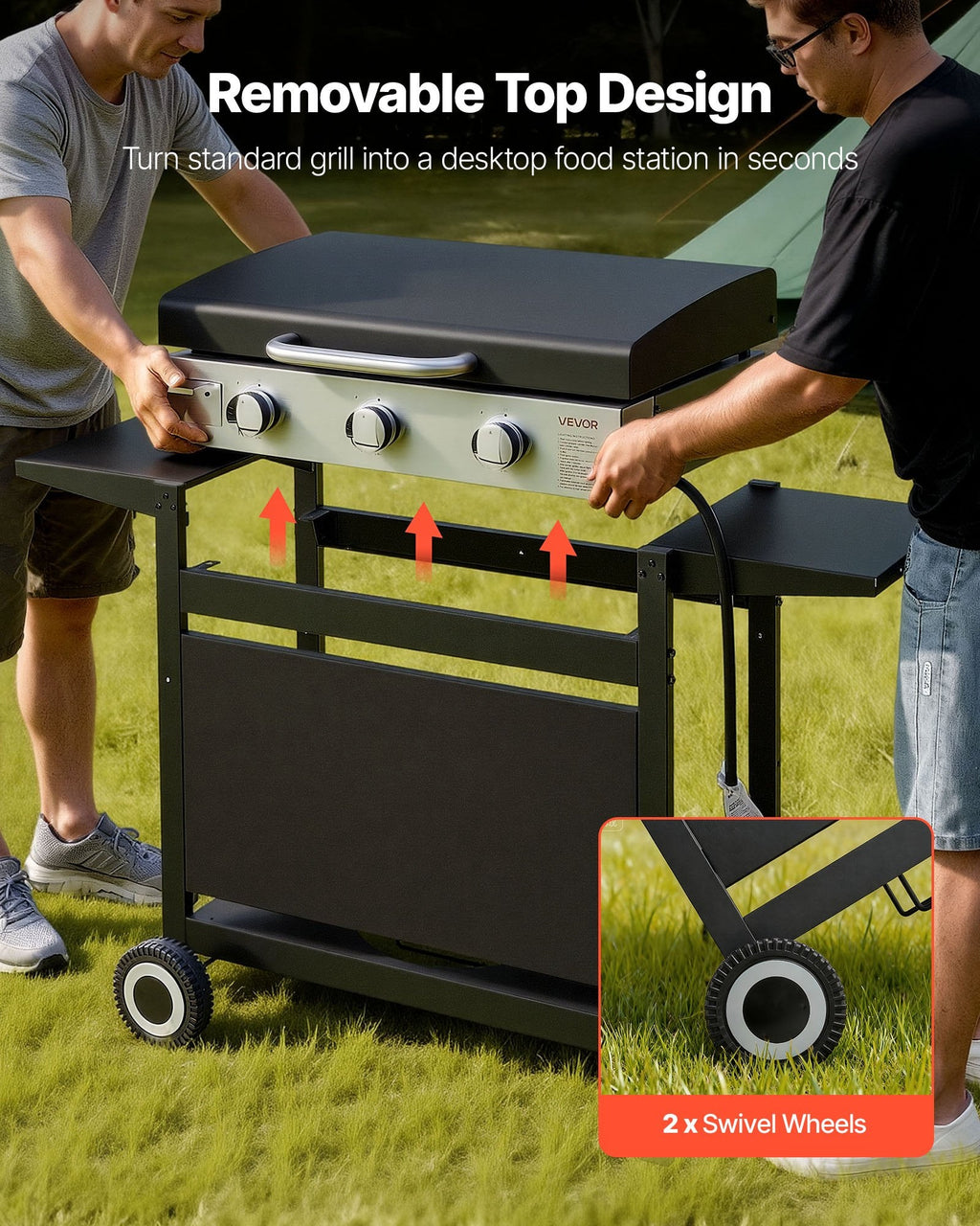3-Burner Flat Top Grill- 33,000 BTU's - Propane Griddle With Wheels