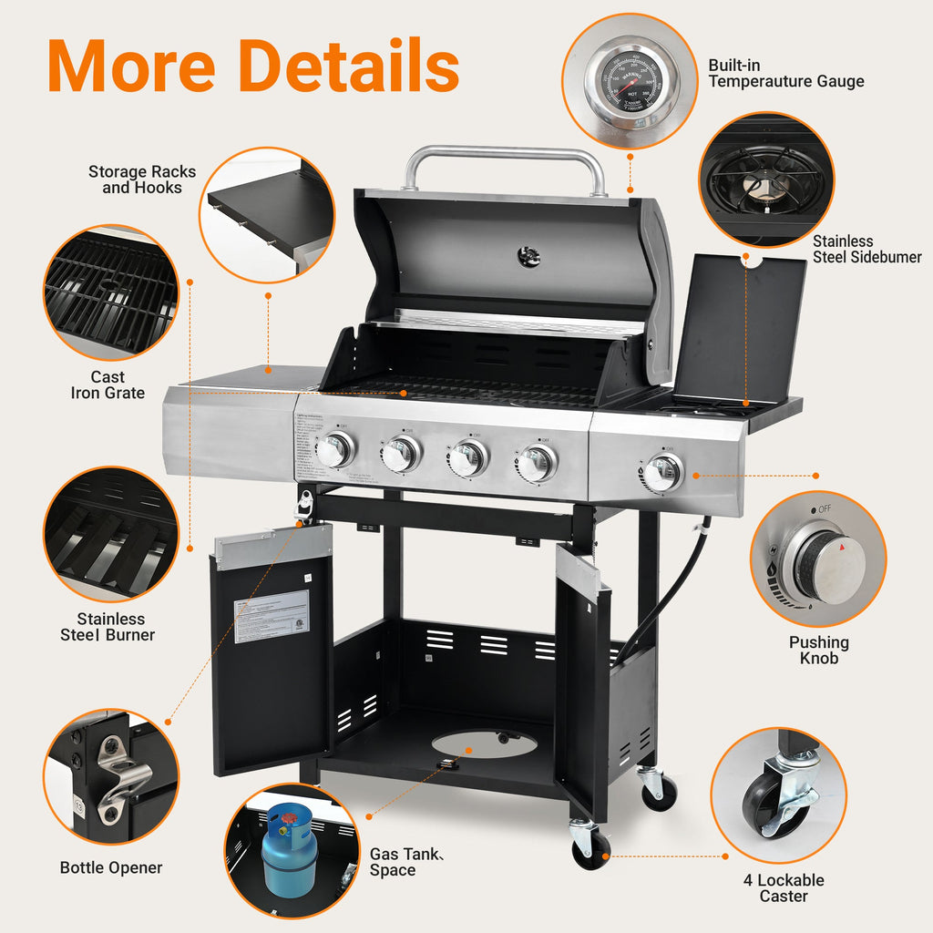 4 Burner Gas Grill Stainless Steel Propane 51,000 BTU