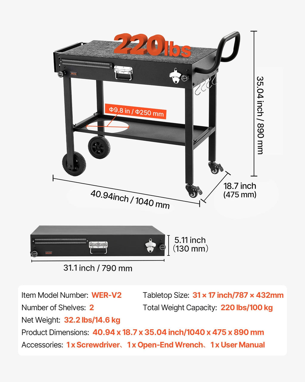 Outdoor Grill Cart, 31.0 X 17.0 Inch Tabletop Size Grilling Table,