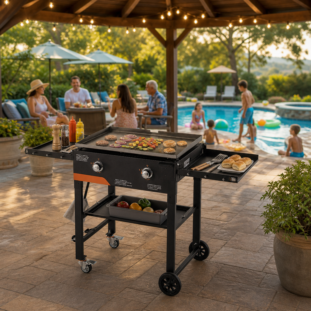 Gas Griddle, 2-Burner Flat Top Grill, 28 inch Grill Plate Foldable Propane Griddle with Wheels, 30000 BTU Outdoor Flat Top Grills for Pan-Frying, Grilling, Stir-Frying, & BBQ, Pulse Ignition