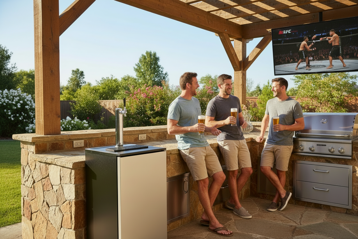VEVOR beer kegerator in outdoor kitchen setting with guys watching MMA fight holding Pilsner glasses