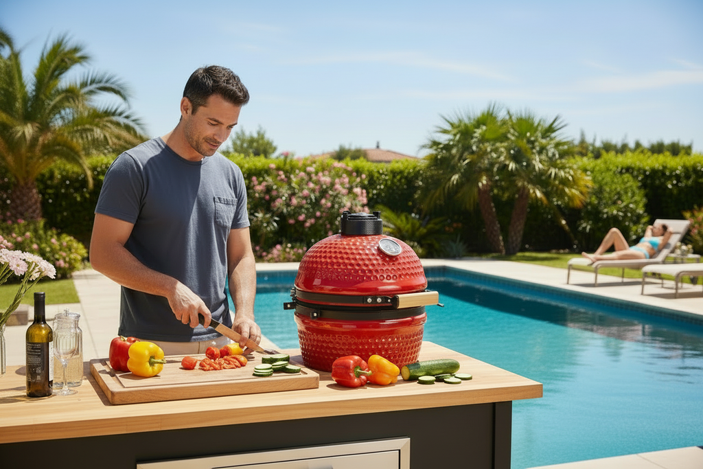 Red Ceramic Grill Pool Scene No Diving Board